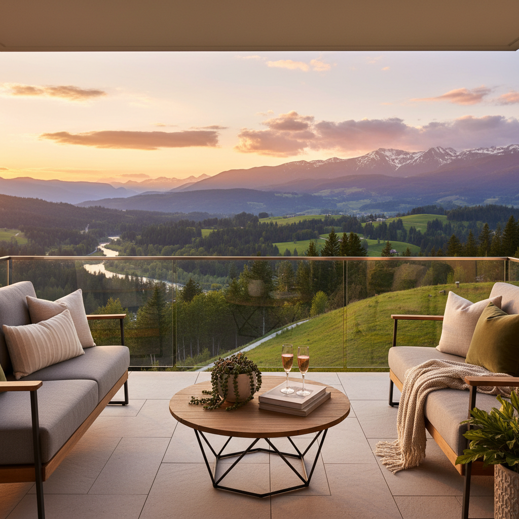 Staged balcony view emphasizing a scenic landscape.