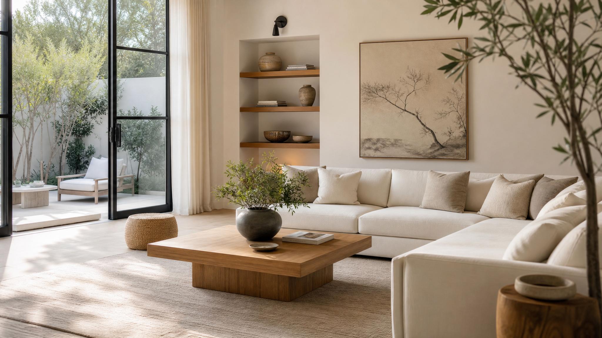 Zen living room with minimalistic furniture and calm colors.