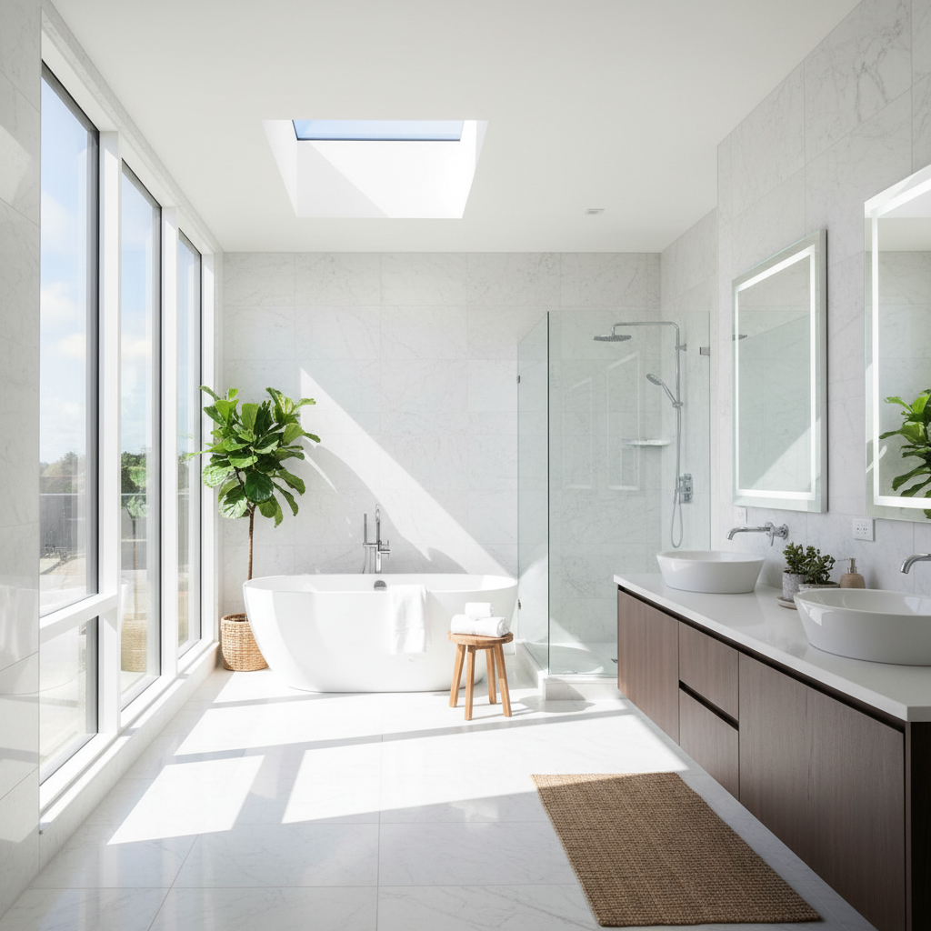 A bathroom with ample natural lighting highlighting its features.