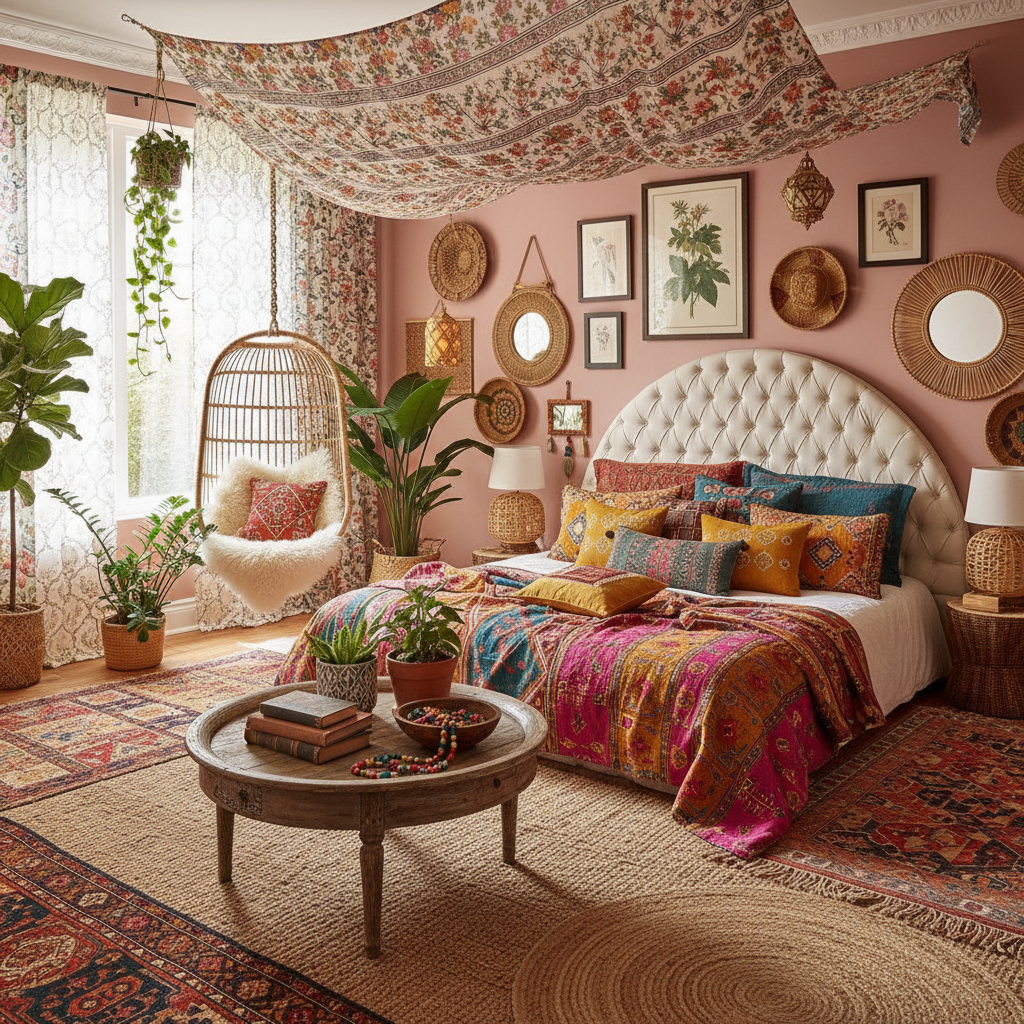 A vibrant bohemian bedroom showcasing rich textures, colorful fabrics, and eclectic decor.