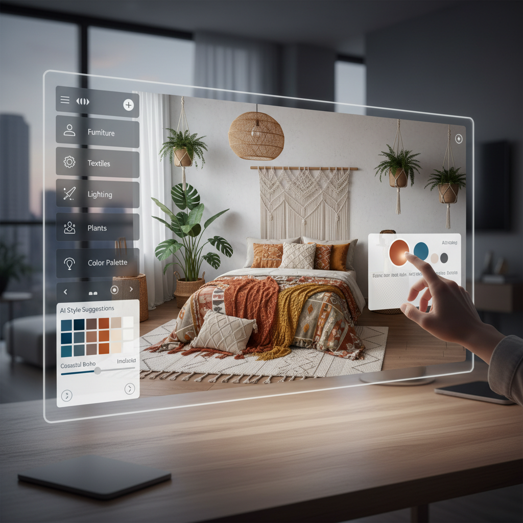 An AI-driven design tool interface showcasing a user designing a bohemian bedroom.