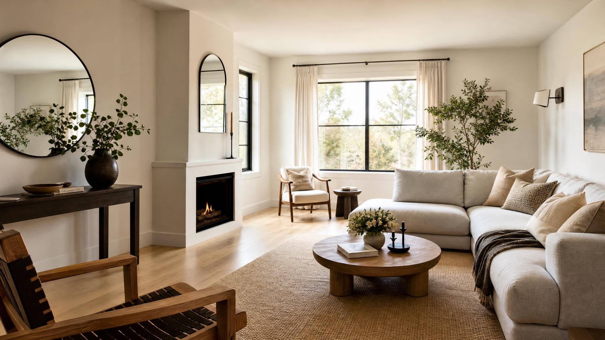Cozy minimalistic living room with mirrors
