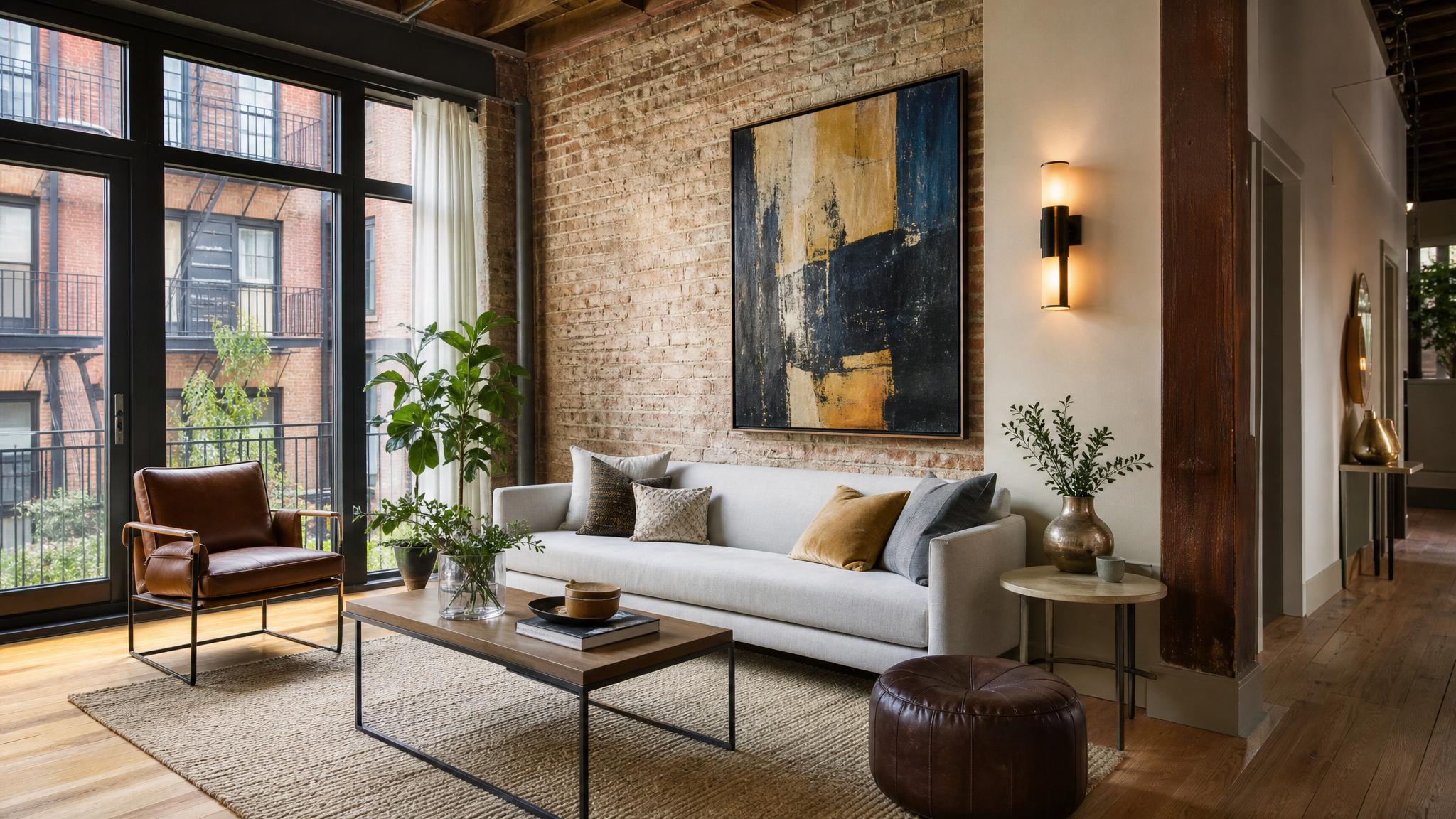 Urban loft with striking artwork in the small living room