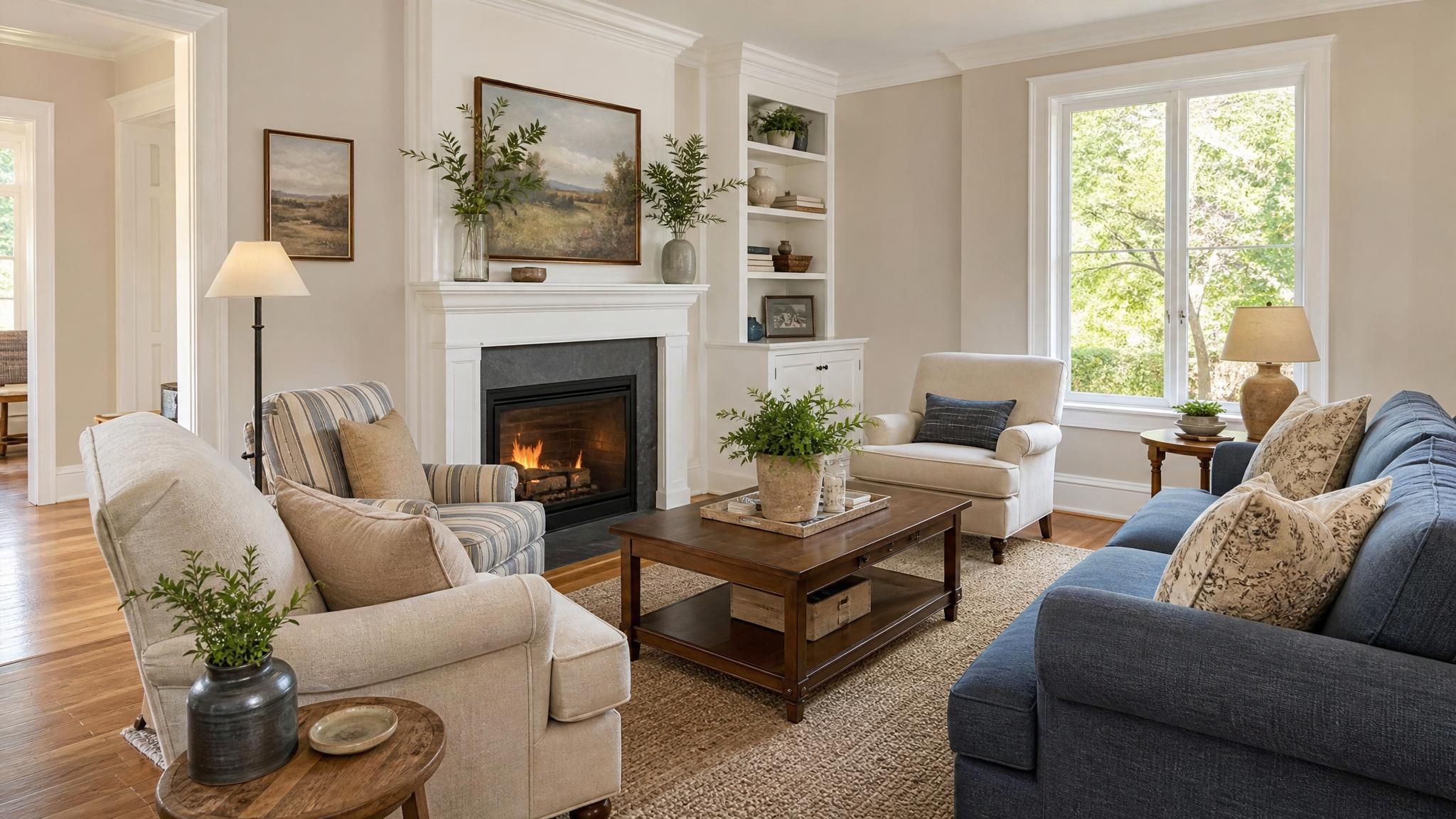 Image of a beautifully staged traditional living room for Airbnb