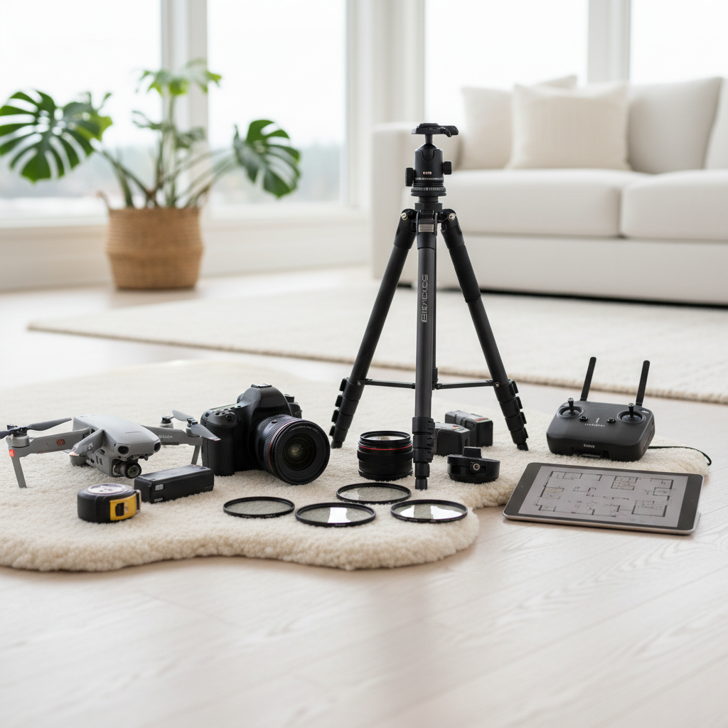 Example of essential gear like a DSLR camera, tripod, and lens filters.
