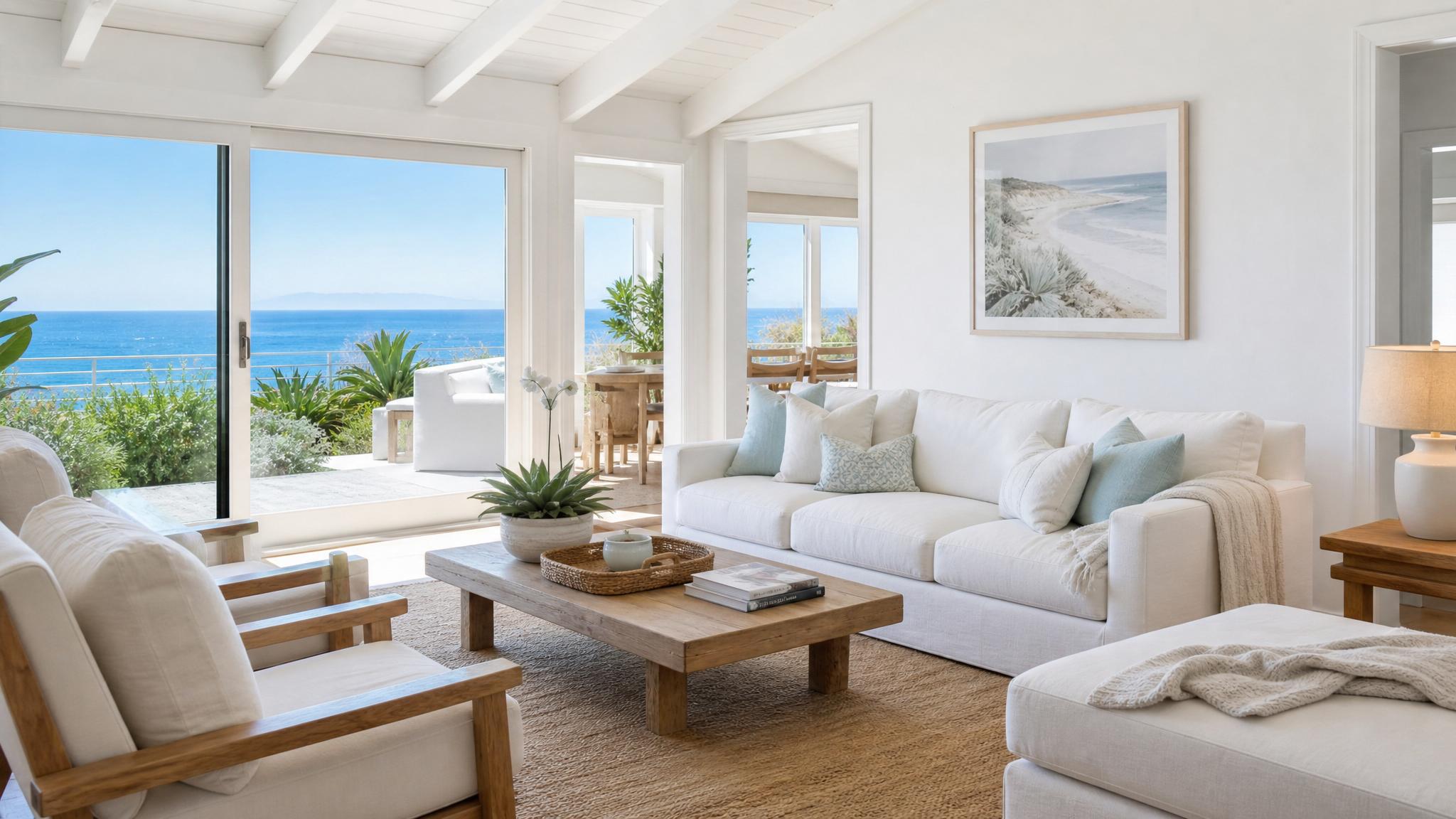 Example of a bright and airy coastal living room with white furniture and light wood accents.