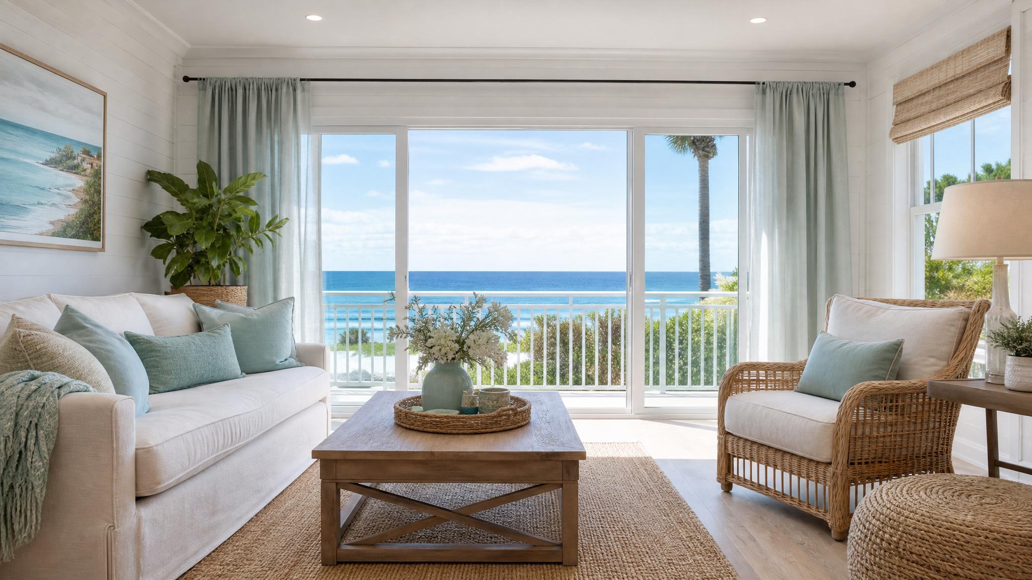 Bright pastel color palette in a small coastal living room.