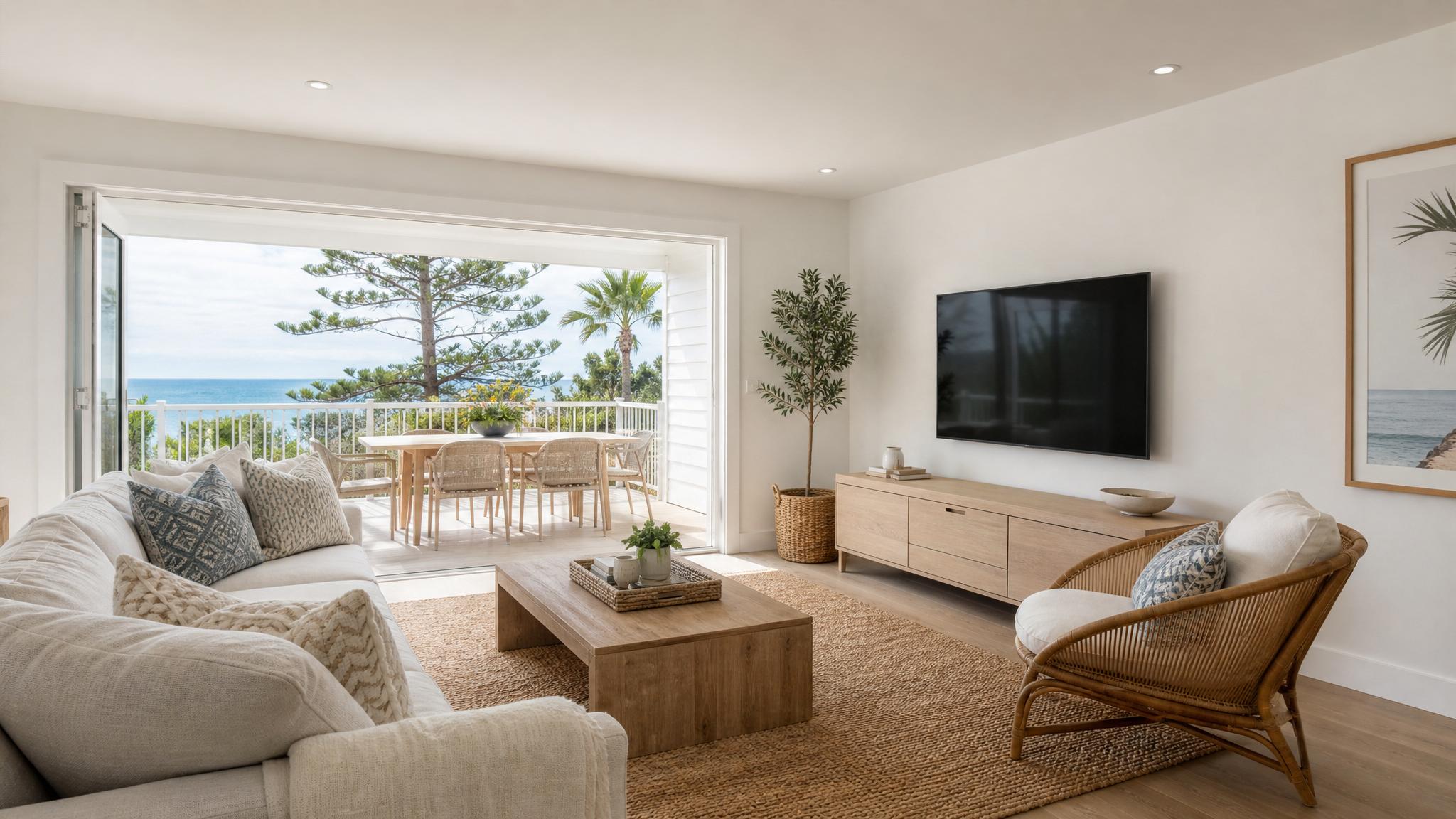 Inspiration for a small coastal living room showing an effective layout with open space.