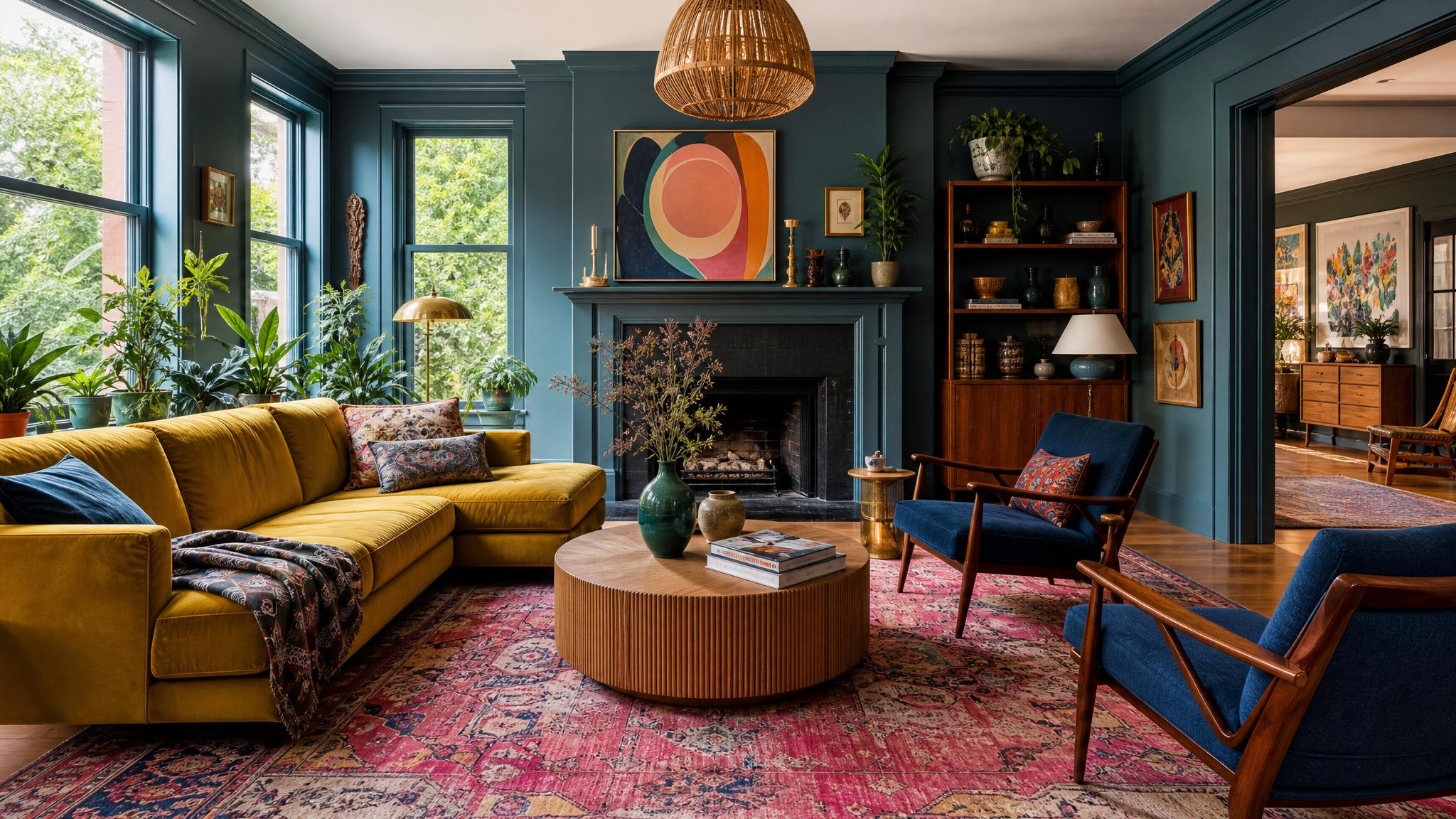 Colorful maximalist living room showcasing bold hues and various textures.