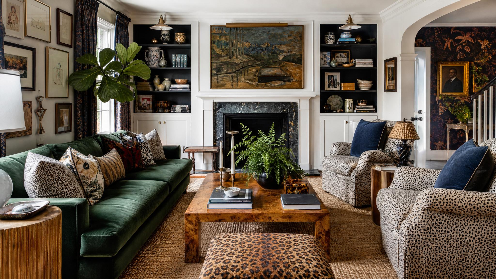A staged maximalist living room showcasing carefully curated textures and artworks.