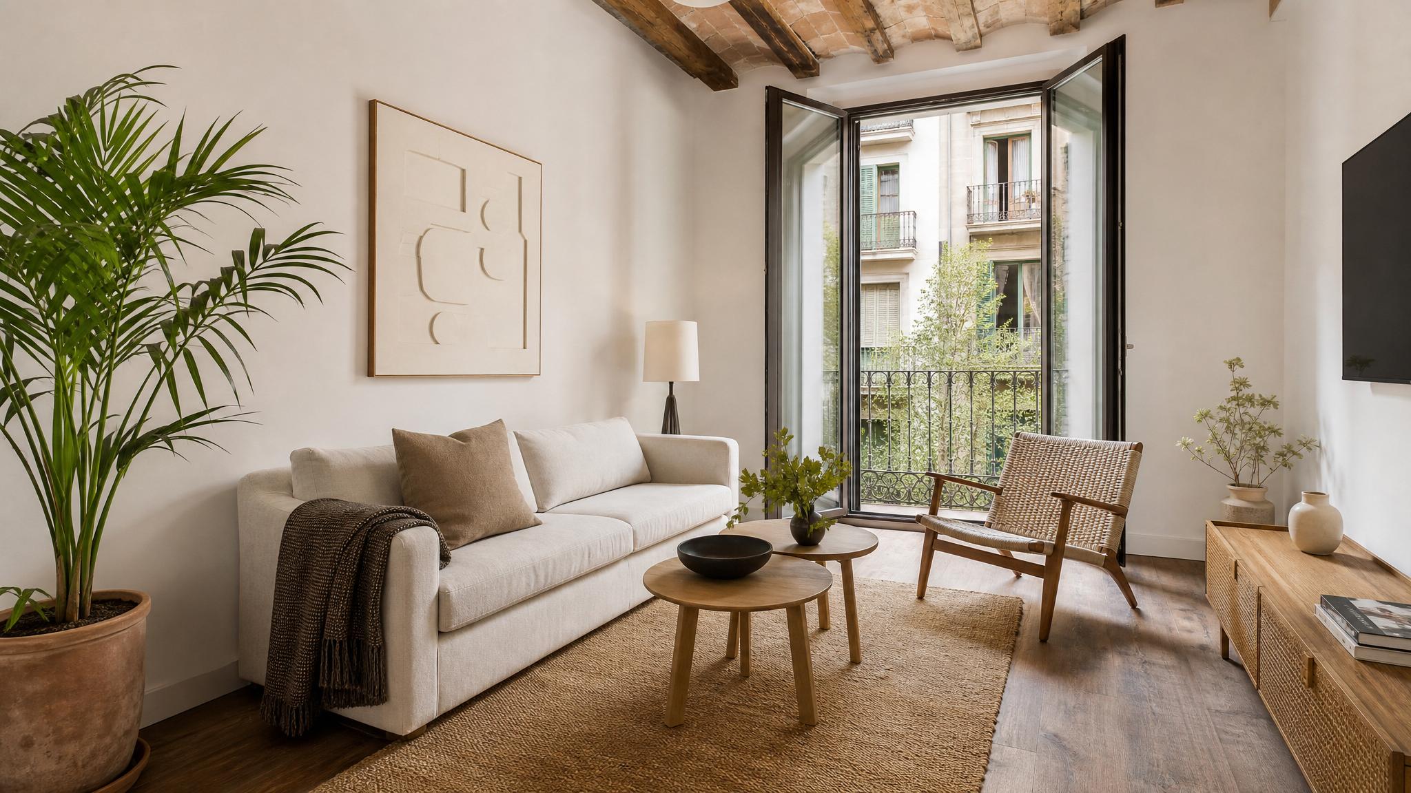 Show a small living room setup in Barcelona