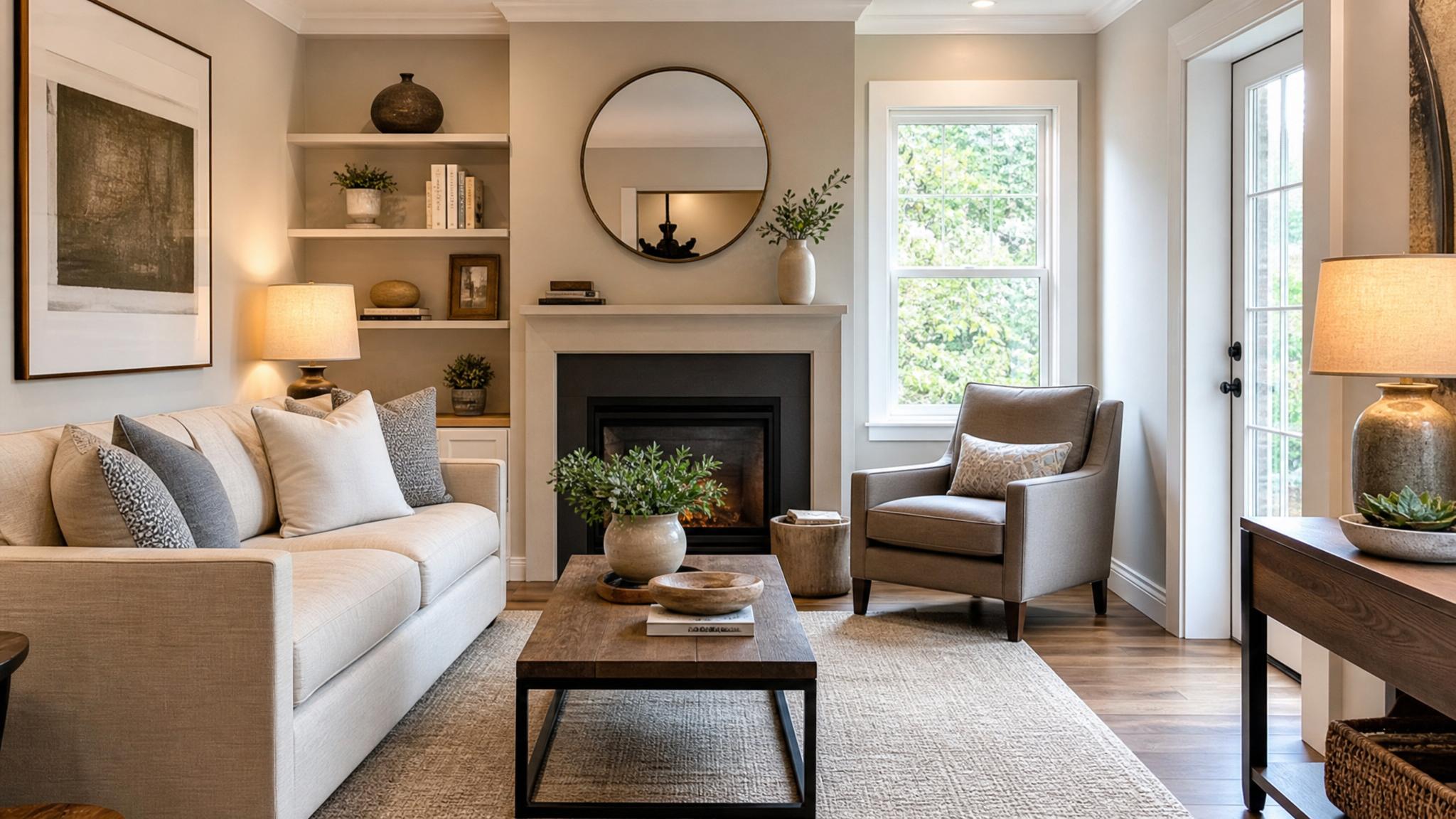 Show an elegantly staged small living room