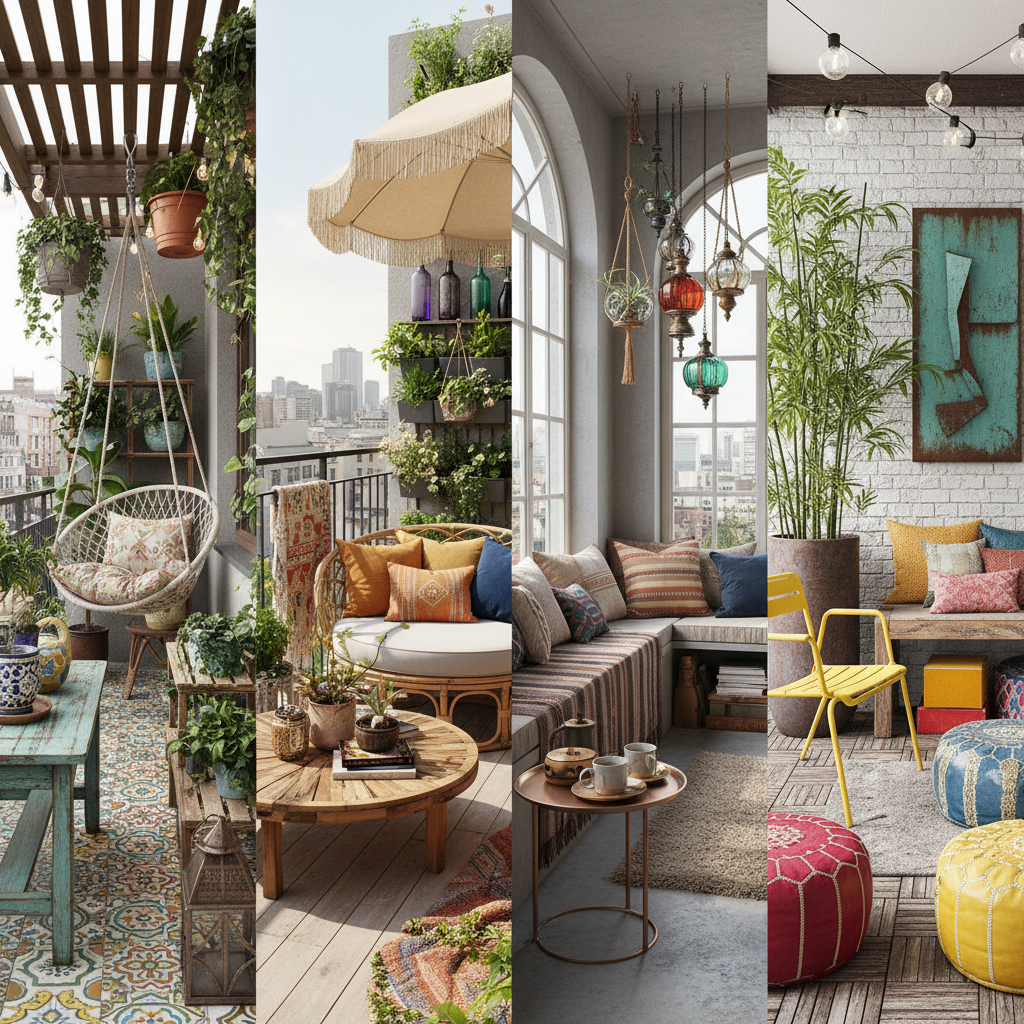 An assortment of eclectic balcony designs featuring plants, colorful furniture, and unique decor.