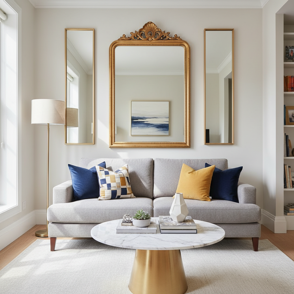 Showcase of a stylish small living room with mirrors