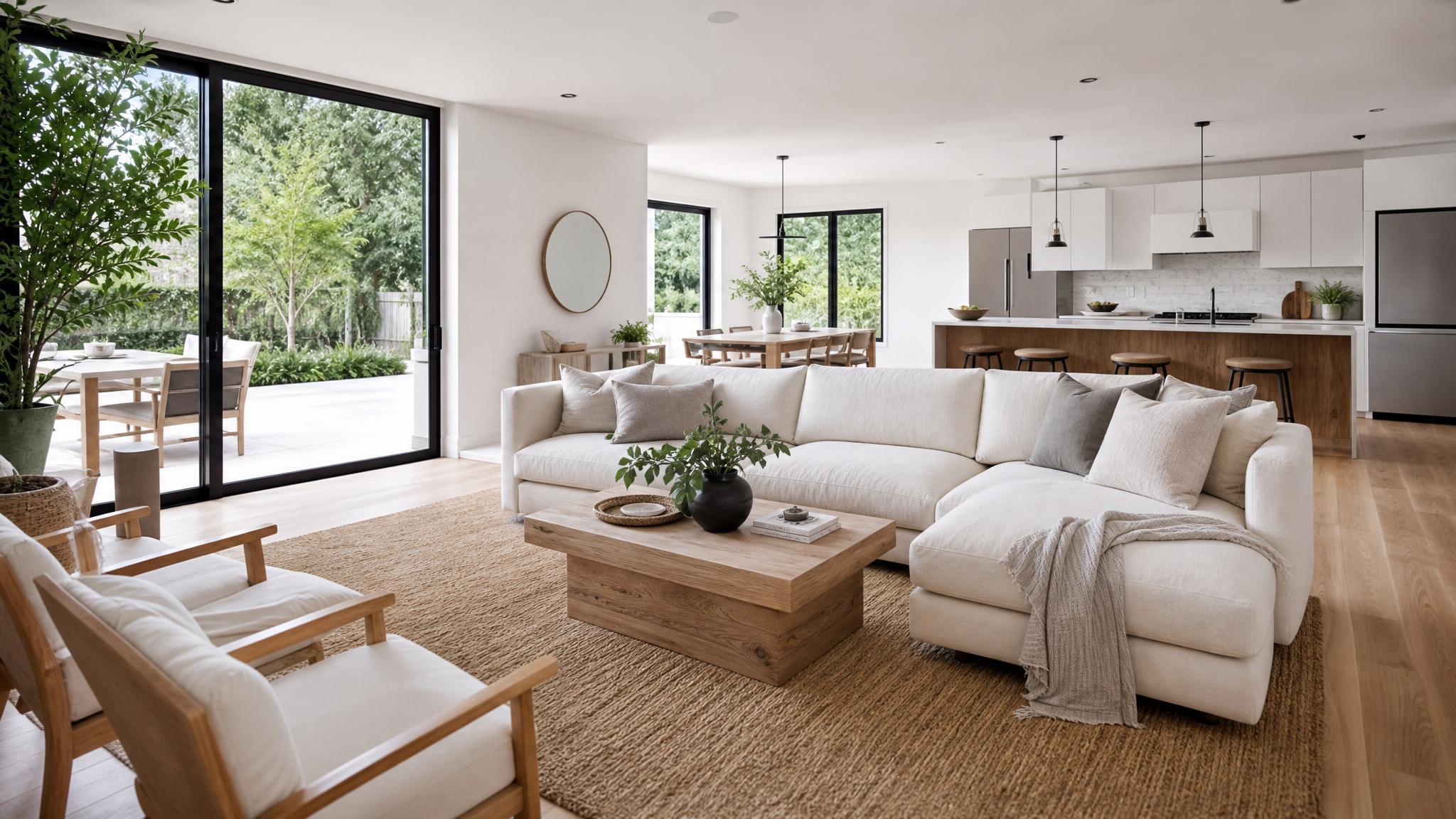 Example layout of an open concept living room showcasing minimalist design.