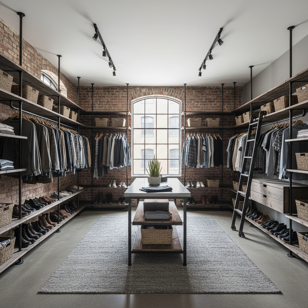 Image showing an industrial-style walk-in closet with metal shelving.