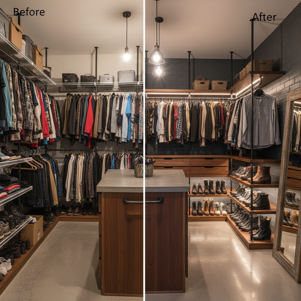 Image displaying a before and after of an industrial walk-in closet design.