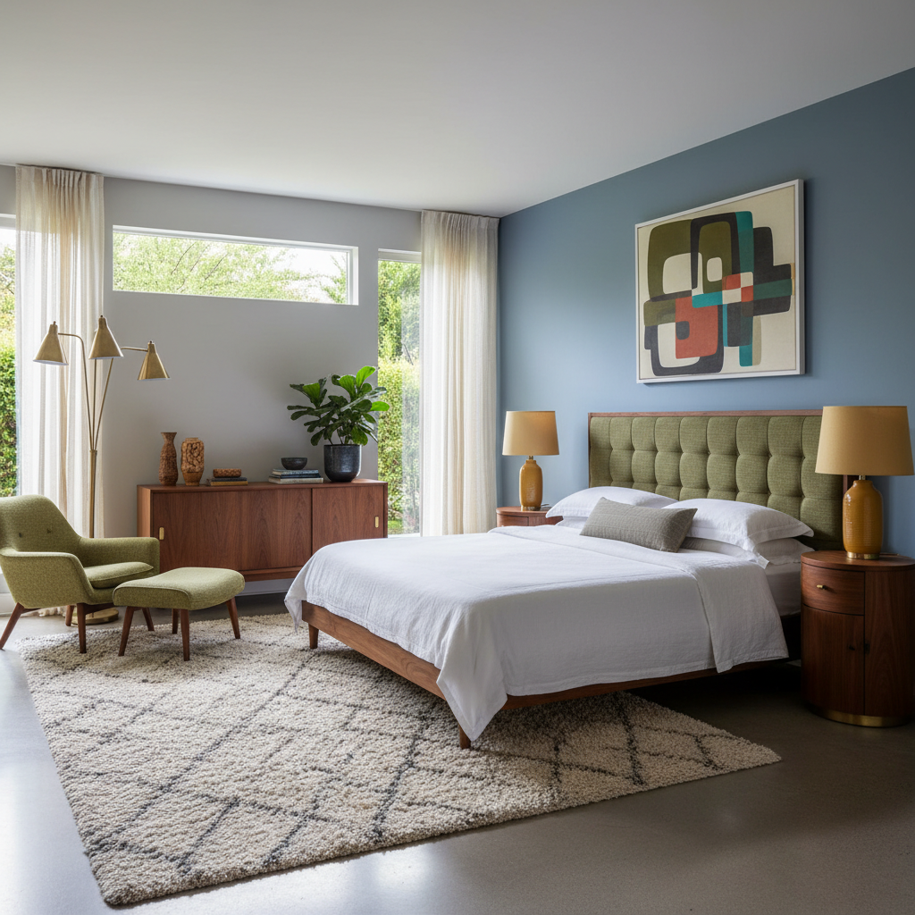 Image of a mid-century modern styled master bedroom showcasing furniture, color palette, and decor.