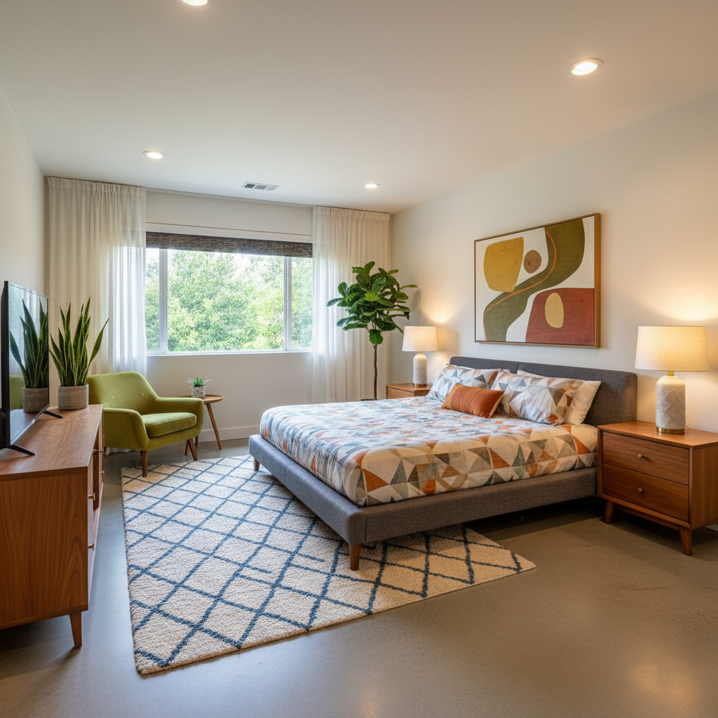 Visualization image showing the AI output of a designed mid-century modern master bedroom.