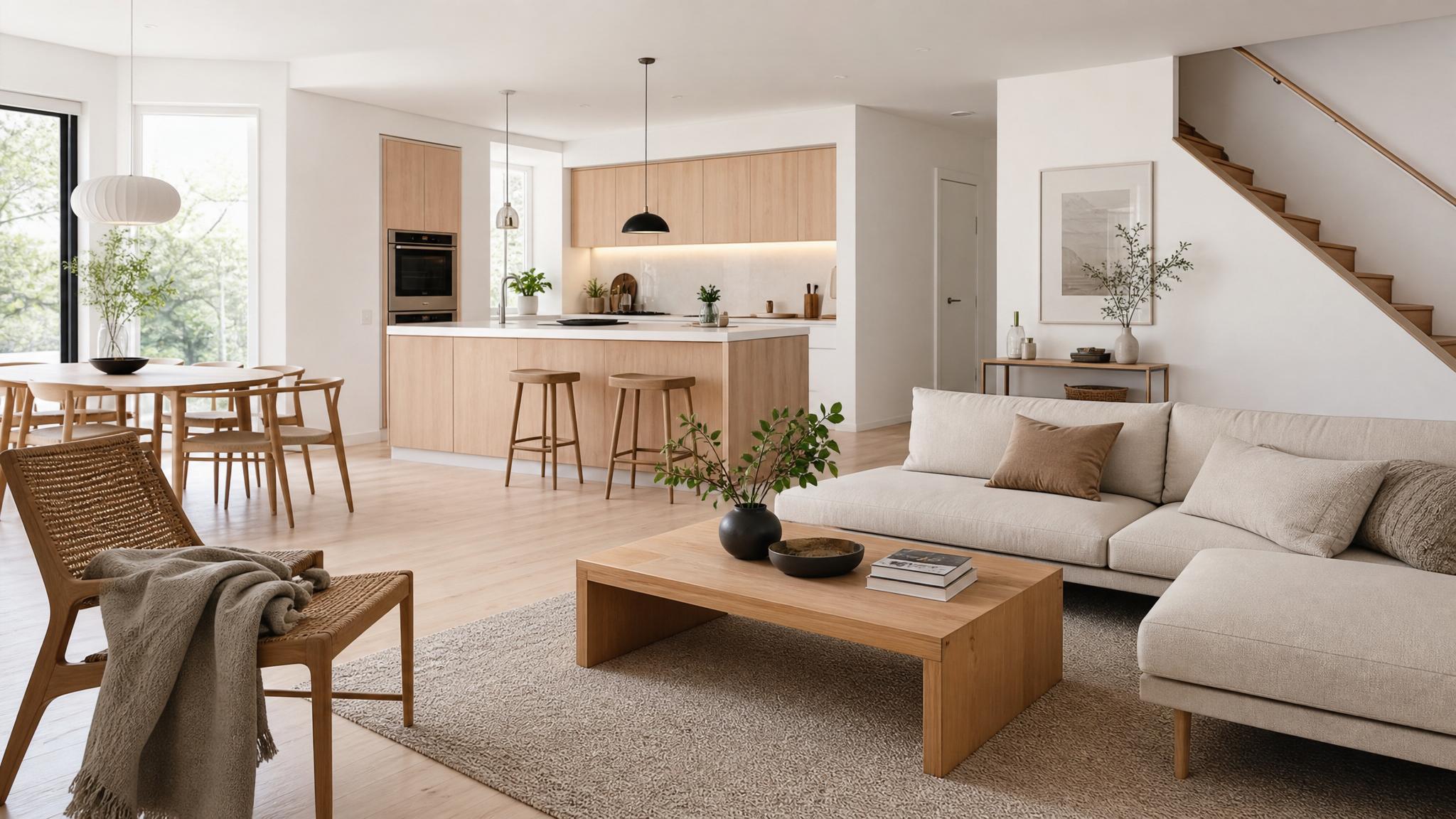 A beautifully designed Scandinavian open-plan living room showcasing minimalist furniture and light colors.