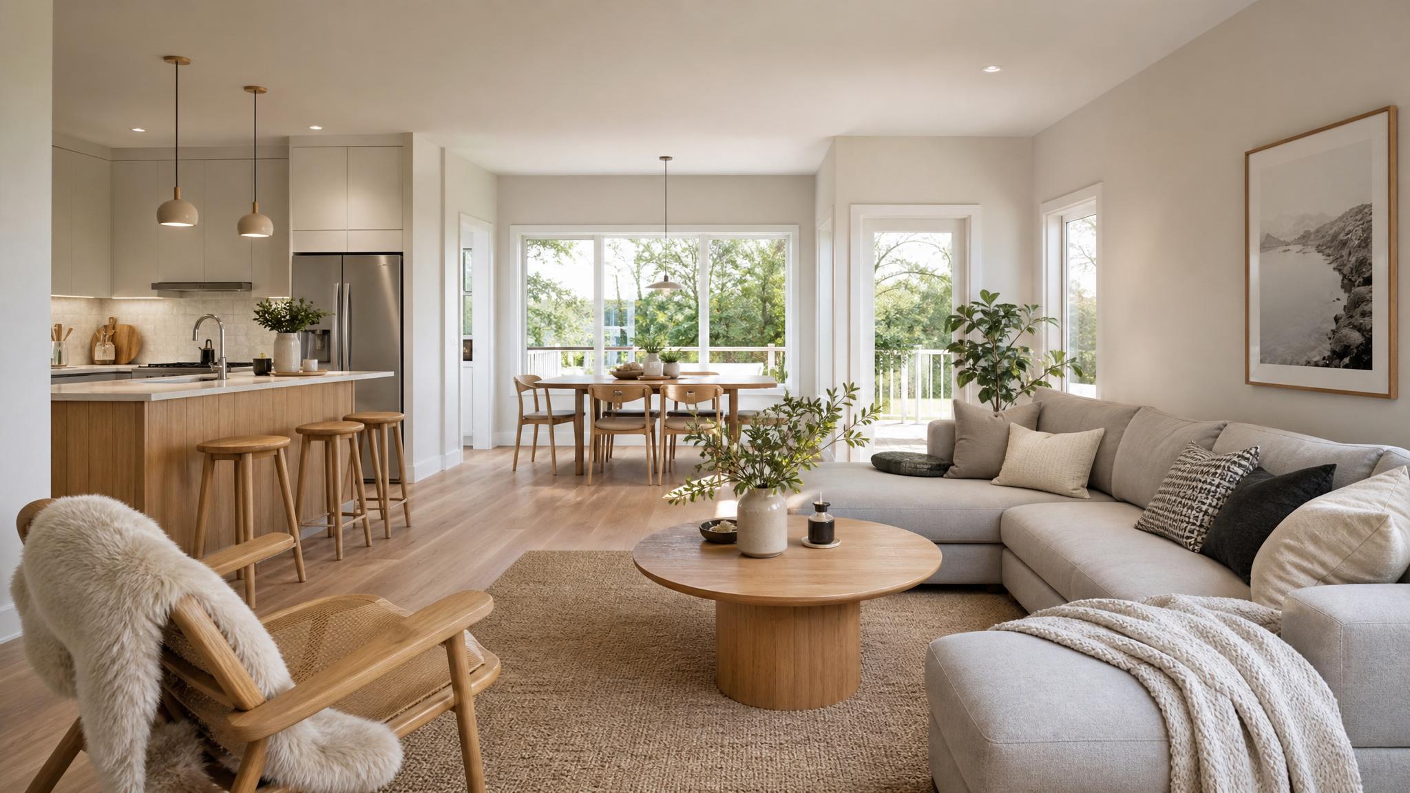 A staged Scandinavian open-plan living room with natural lighting and cozy materials.