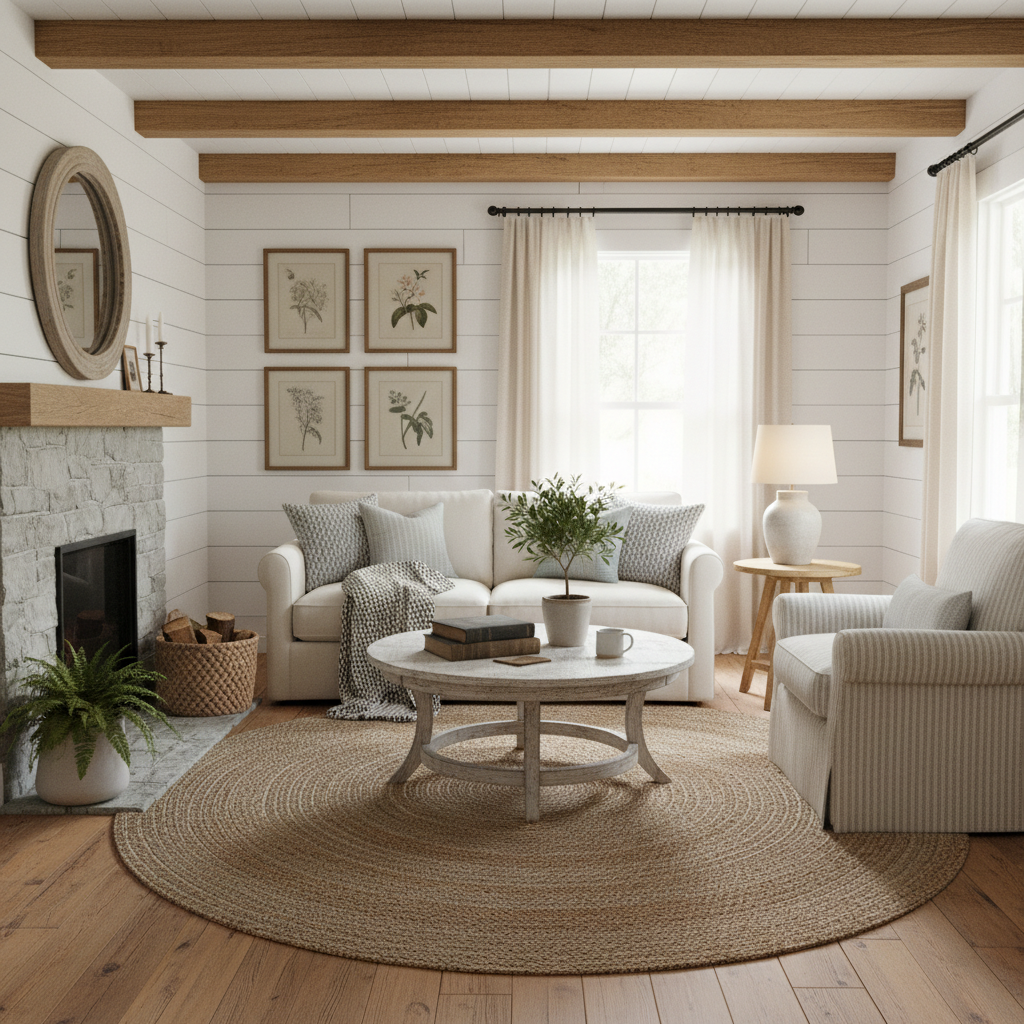 Image of a farmhouse small living room with cozy decor.
