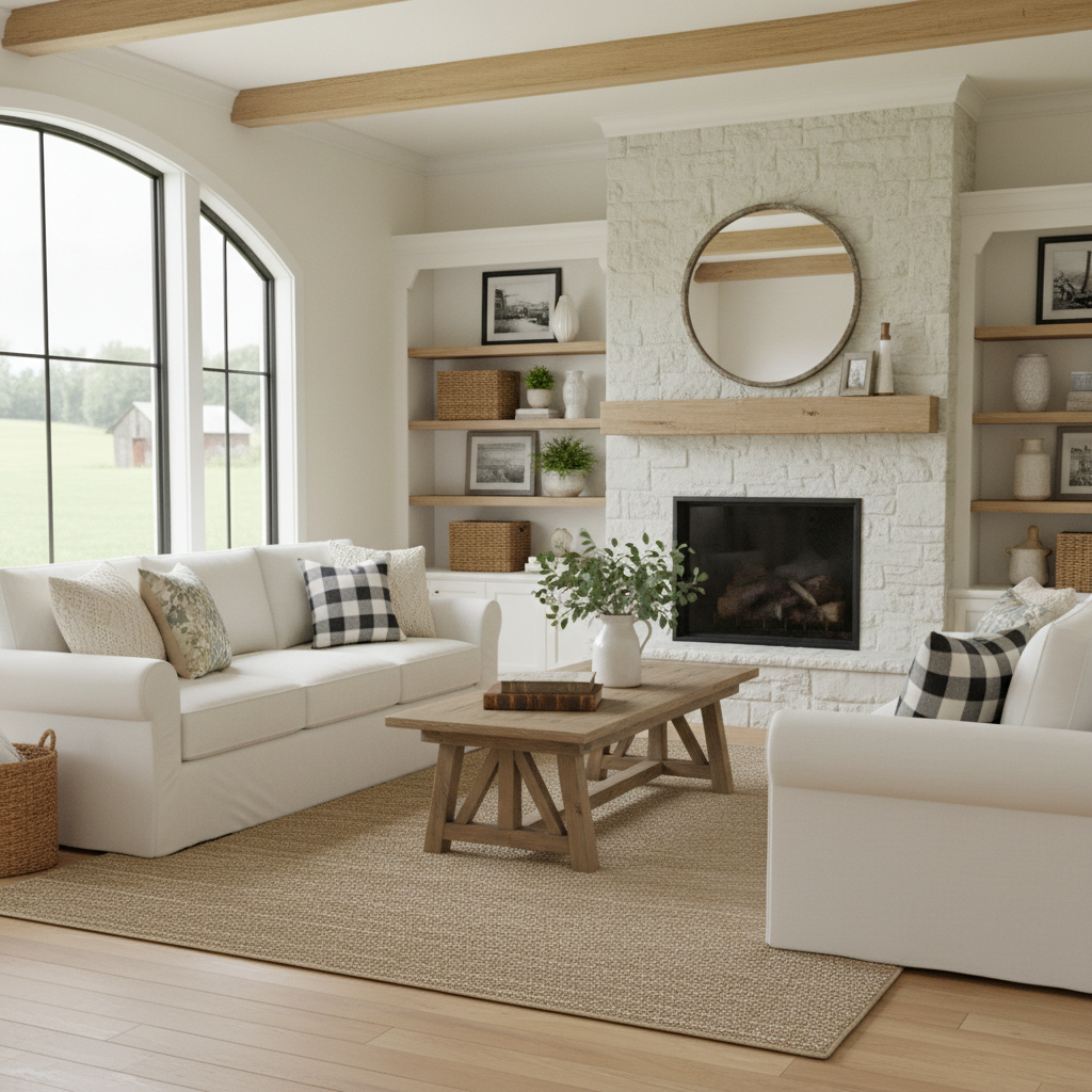 Image of a digital mockup showing a farmhouse living room layout.