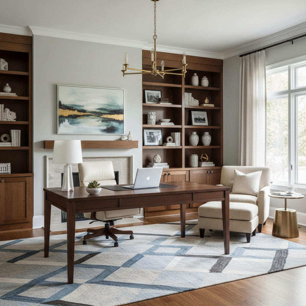 Image of a transitional home office with elegant modern furniture.