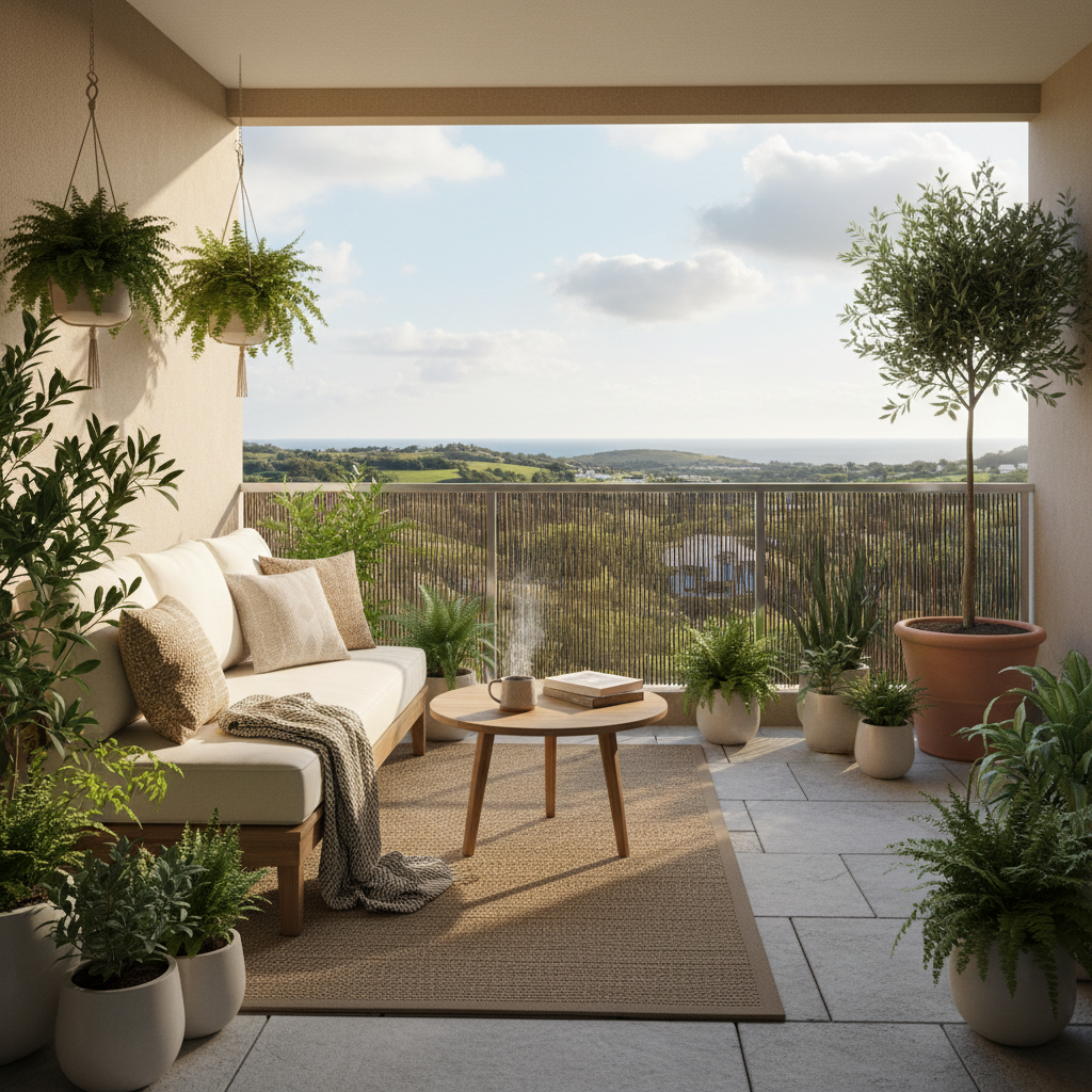 Image of a serene balcony with plants and natural elements.