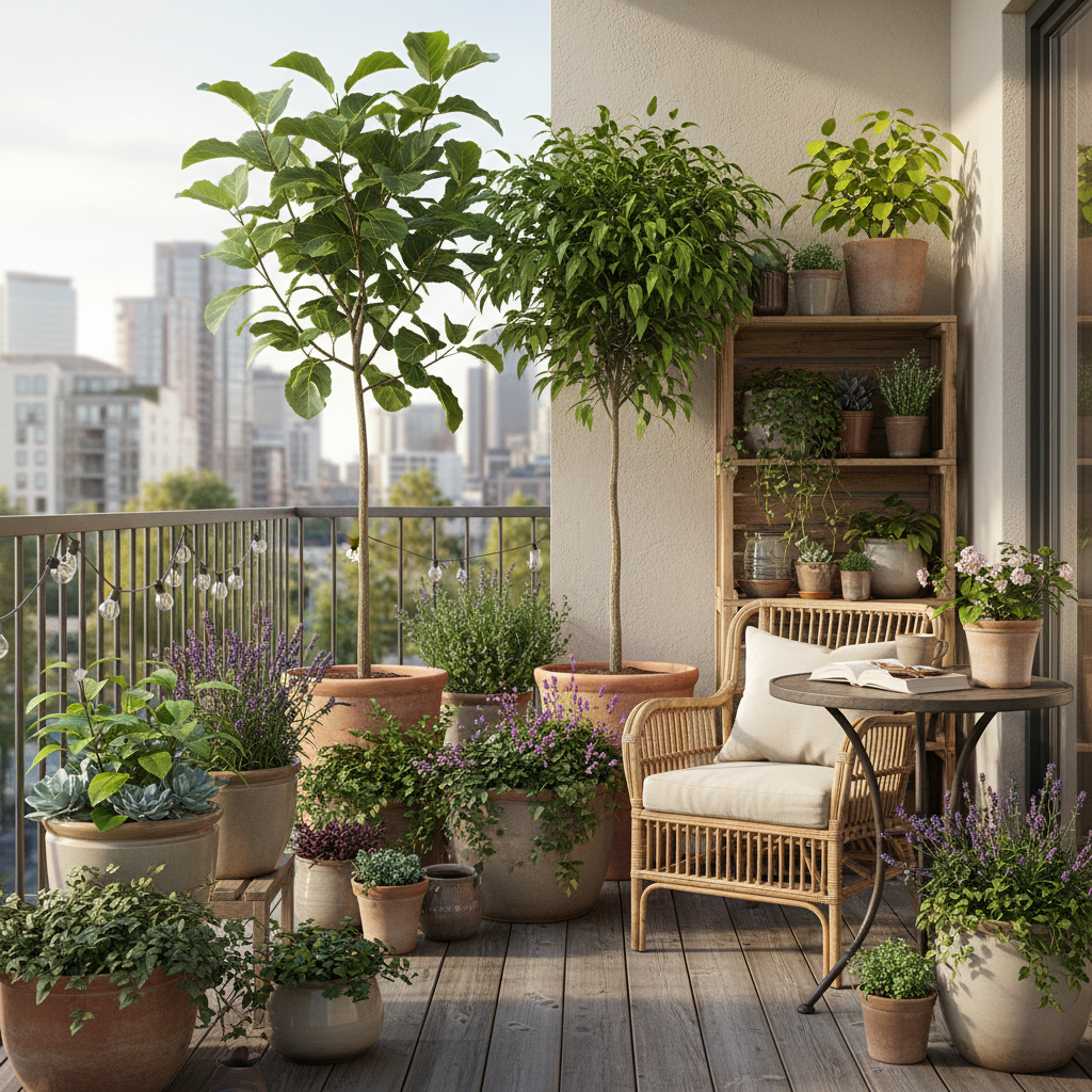 Image of plants beautifully arranged on a balcony.
