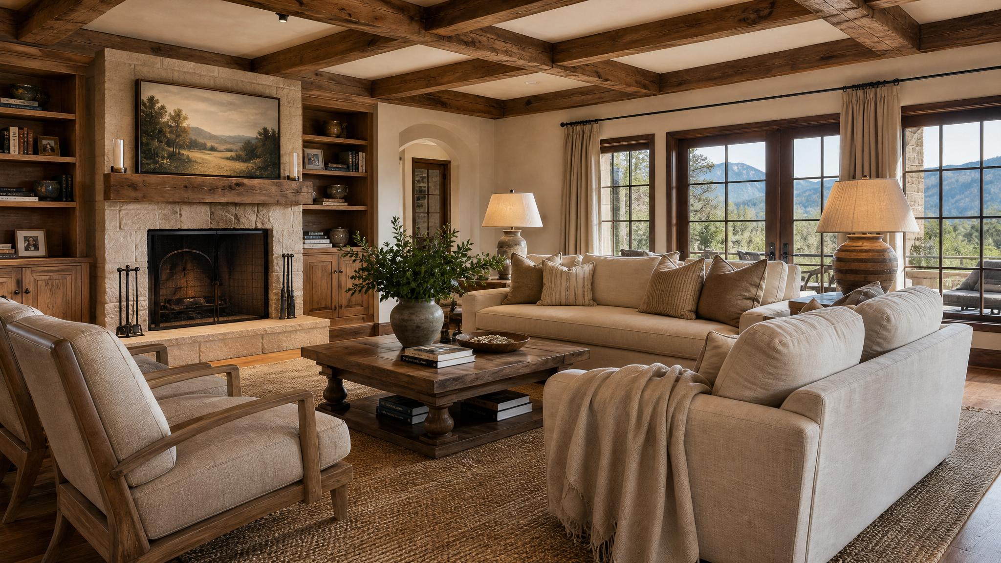Image of a cozy rustic living room with wooden beams and earthy tones.