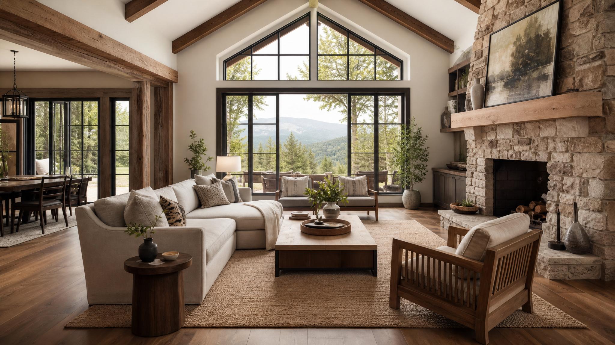 Visuals of AI-generated rustic living room layouts.