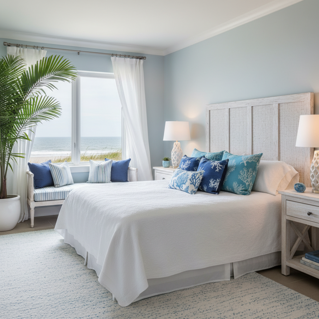 Image of a serene coastal guest bedroom with blue and white color scheme.