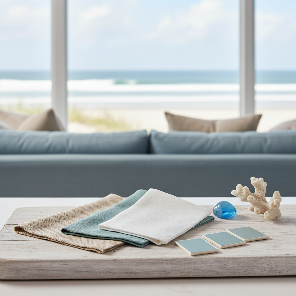 Image showcasing a coastal color palette with swatches of blue, beige, and white.