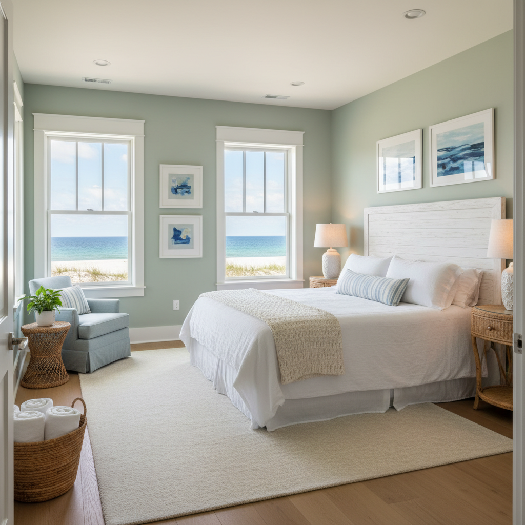 Image of a coastal guest bedroom with large windows and soft lighting.