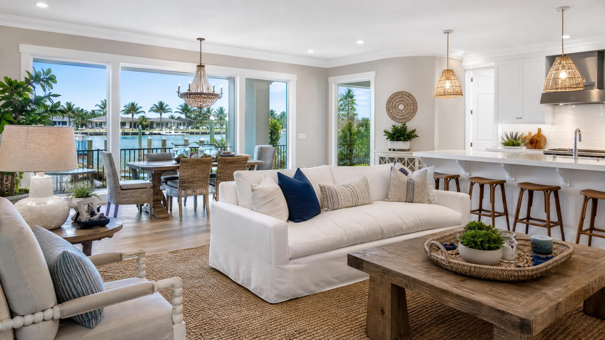 A bright open-plan living room with coastal decor, featuring large windows and light furnishings.