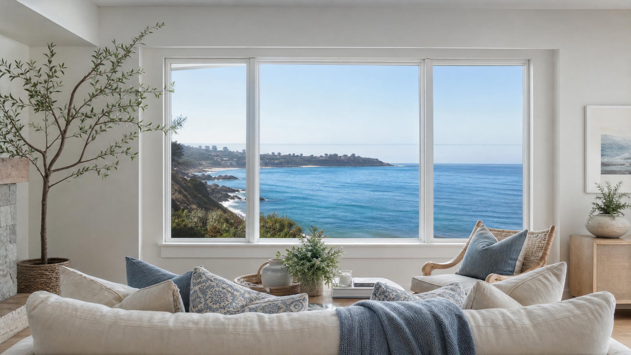 A sofa facing a large window with ocean views, complemented by coastal-themed accessories.