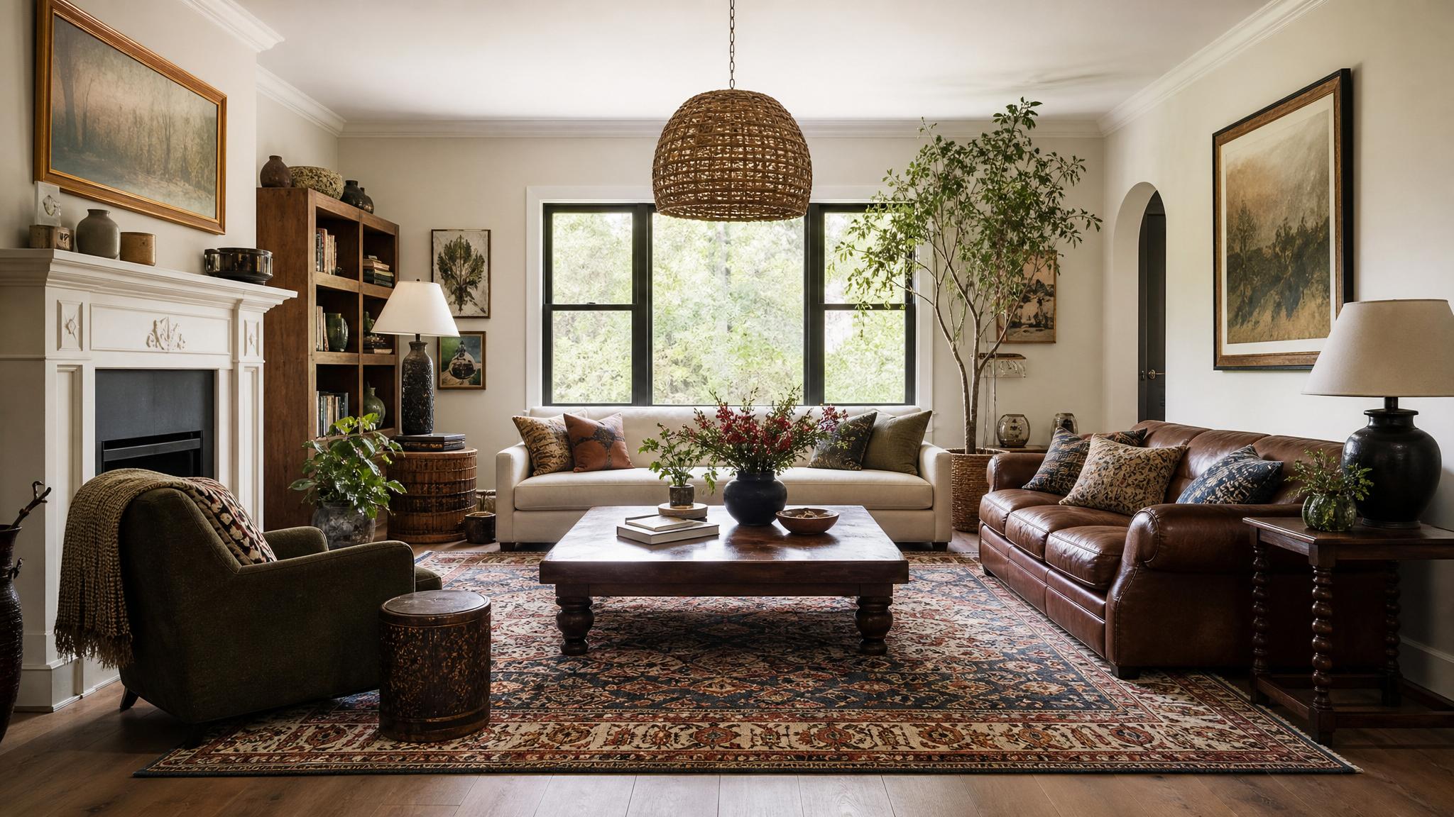 Image of a beautifully styled eclectic living room with a mix of furniture styles.