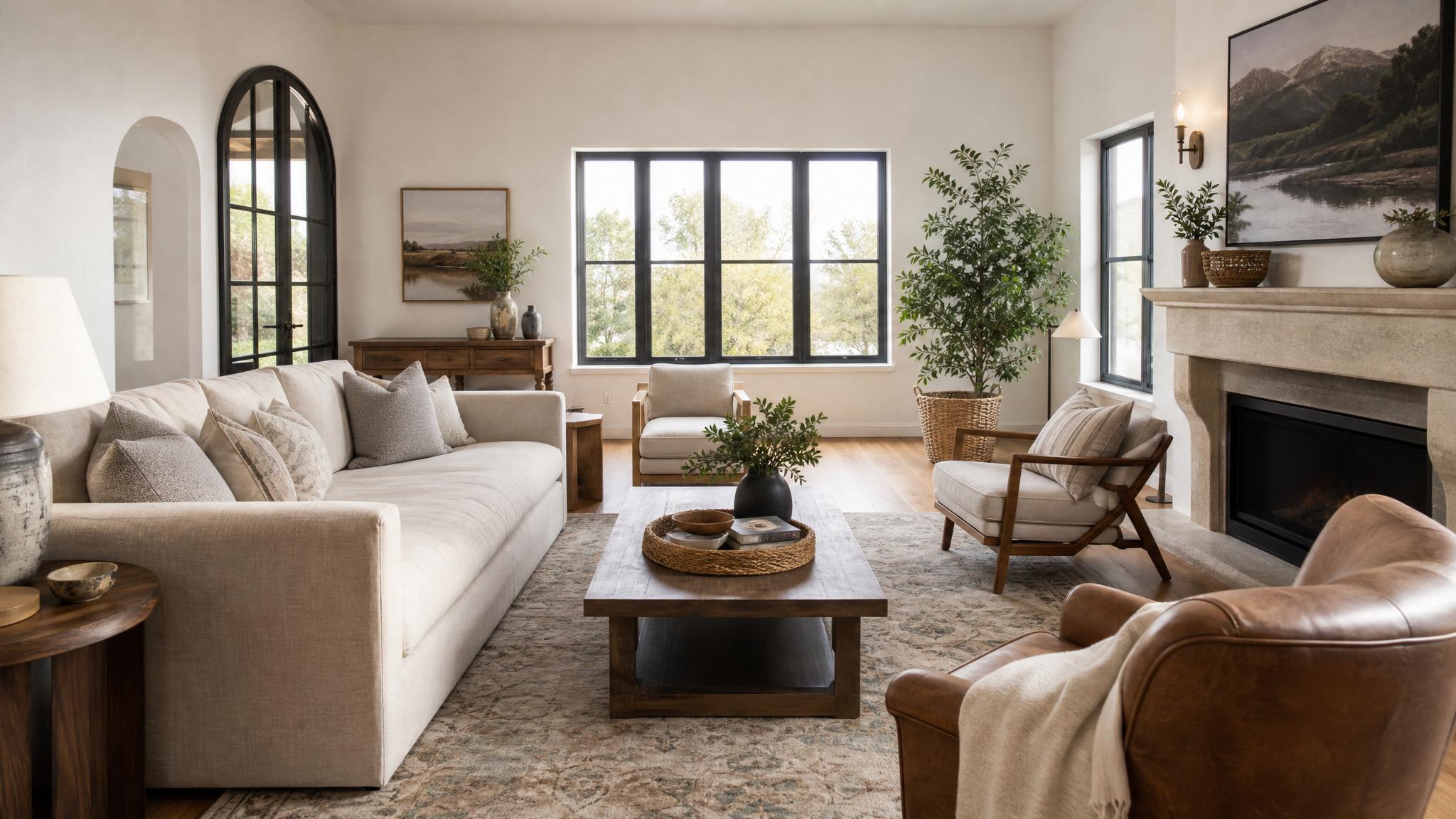 Image of a diversified furniture layout encouraging interaction in a living room.