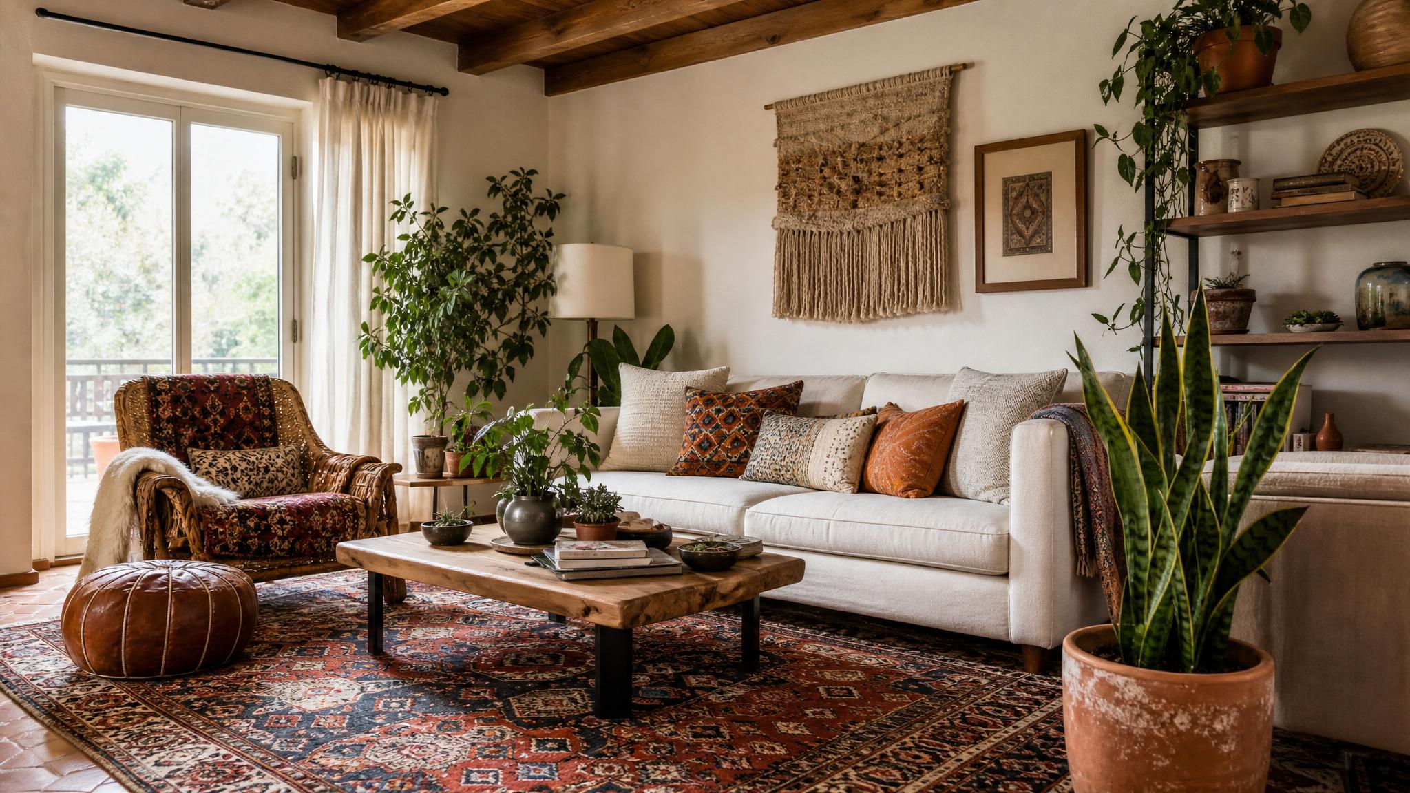 A cozy bohemian living room featuring vibrant decor and patterns.