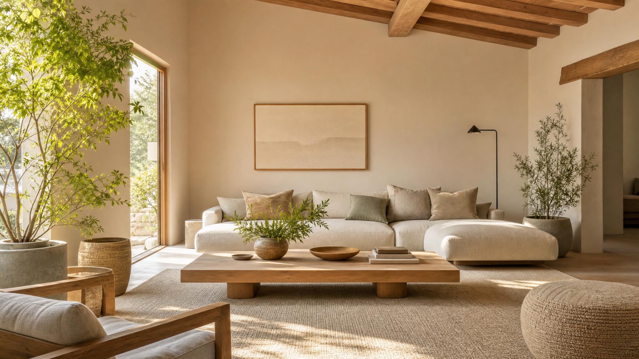 Natural lighting in a zen style living room, with plants and soft furnishings.