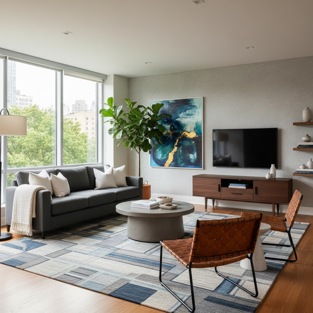 A beautifully staged living room with modern furniture