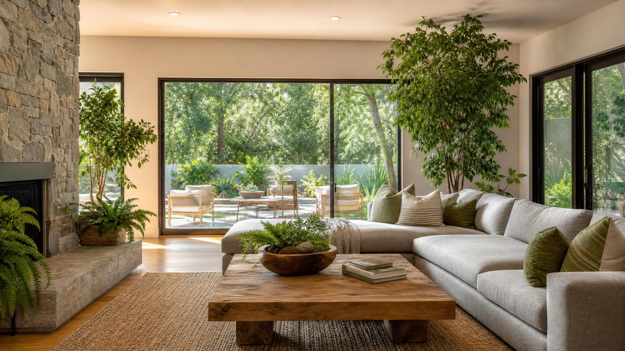 An elegant living room with biophilic design elements, showcasing plants and natural light.