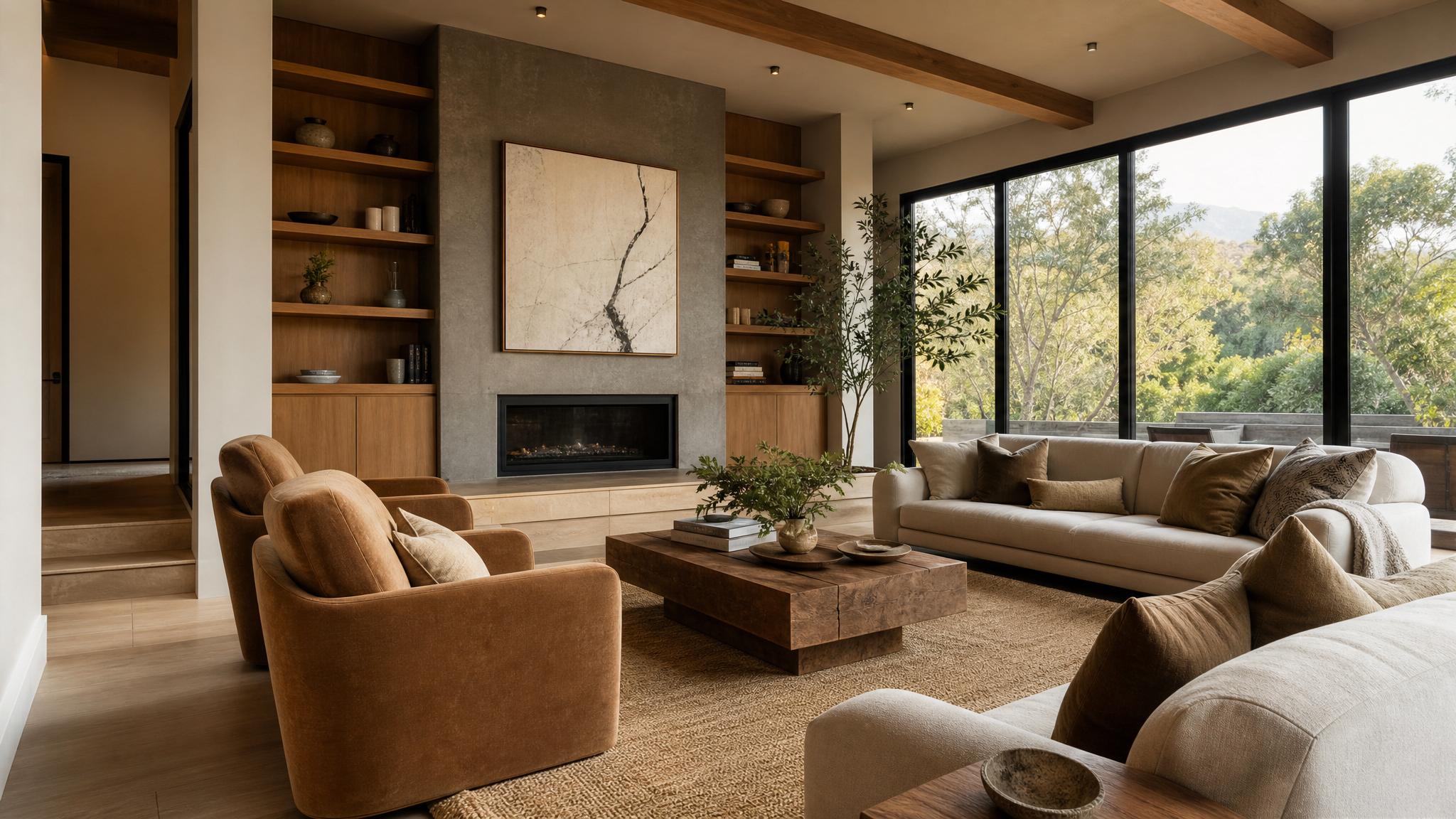 Stylish earth-toned sofas and natural furniture in a modern living room.