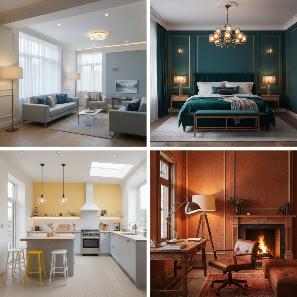 Examples of color palettes and lighting setups in staged rooms