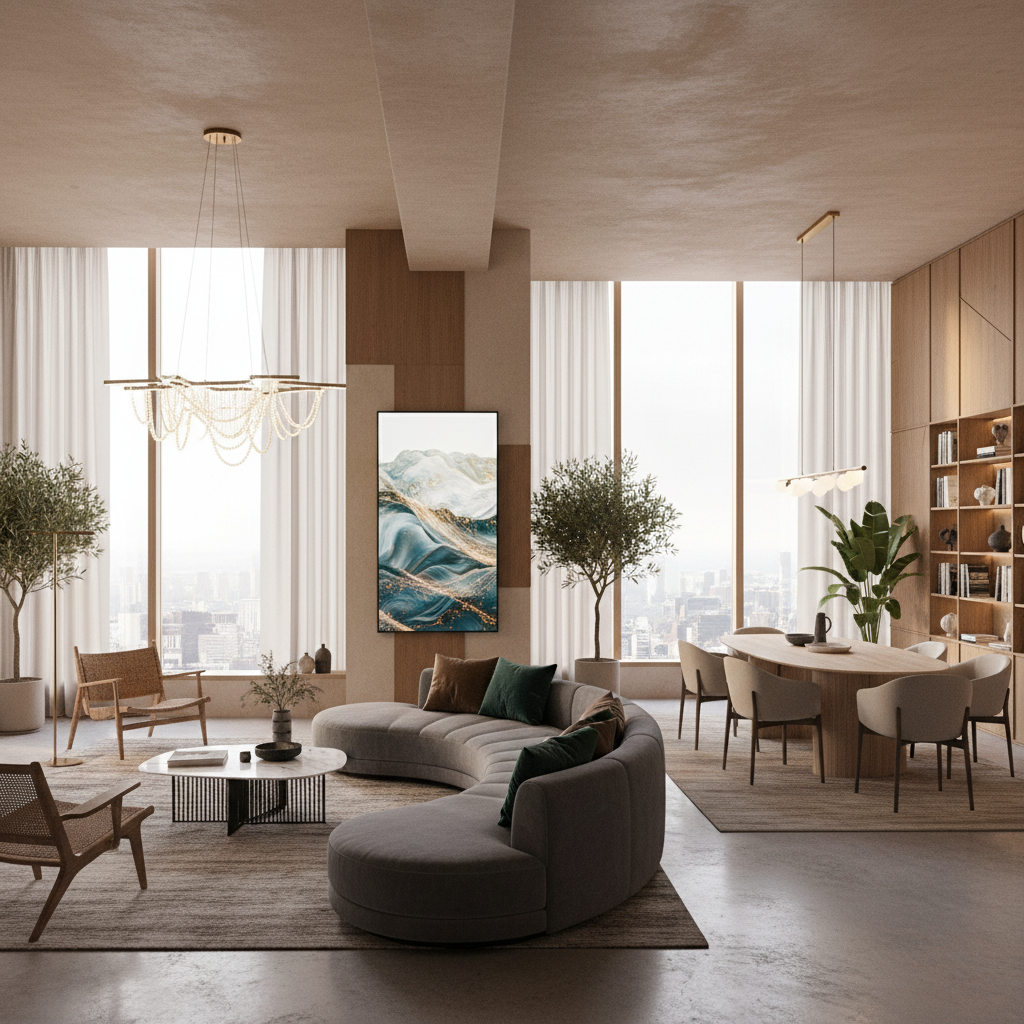 An elegant open-plan living room showcasing AI-generated design concepts.