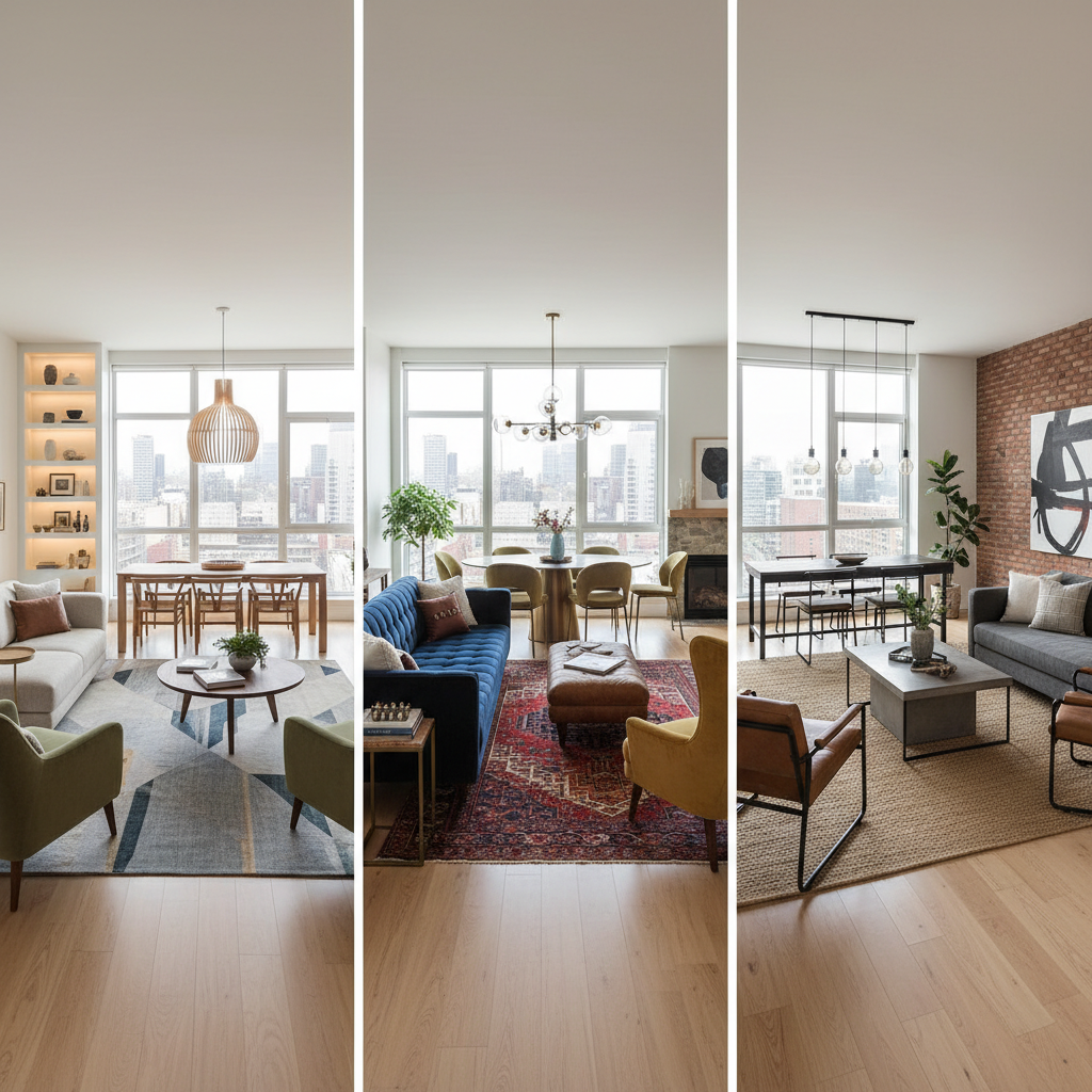 Visual representation of various furniture arrangements generated by AI.