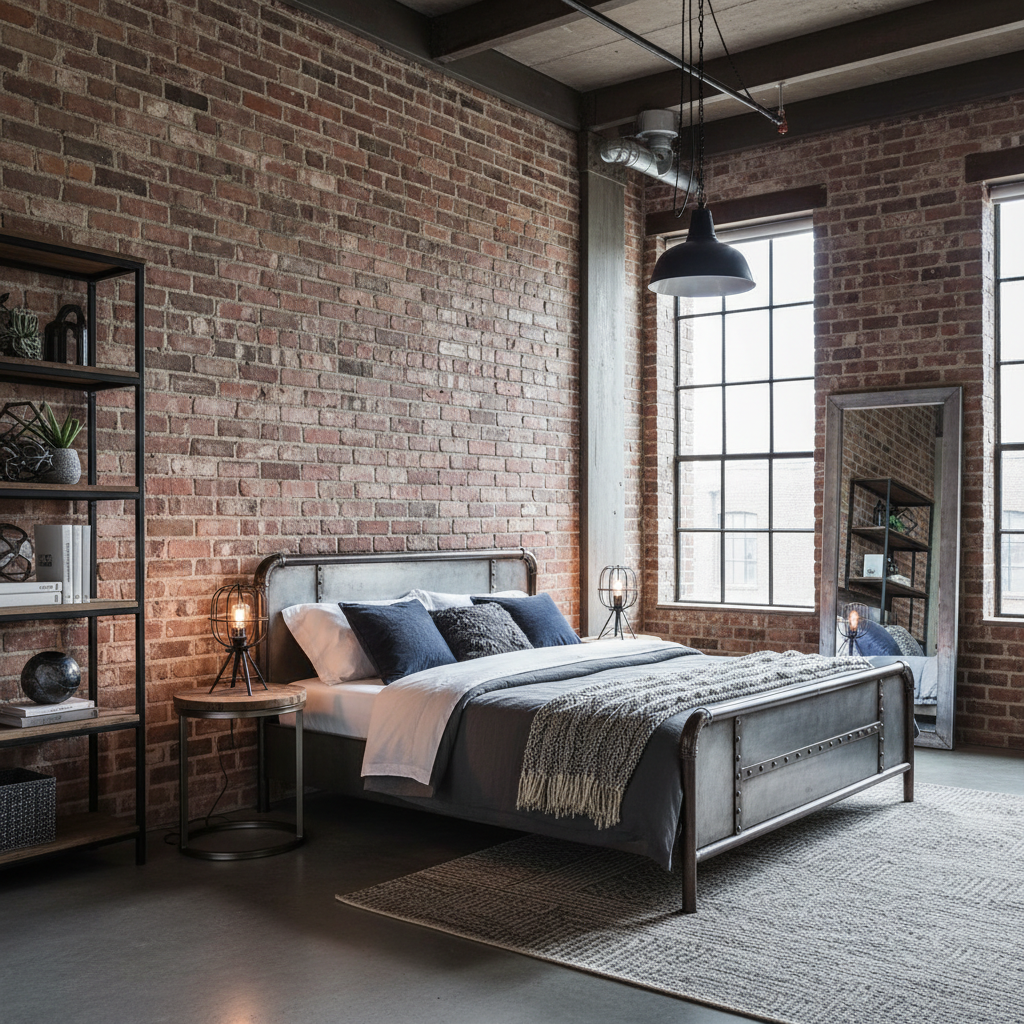 An industrial-style bedroom with exposed brick walls and metal furniture.