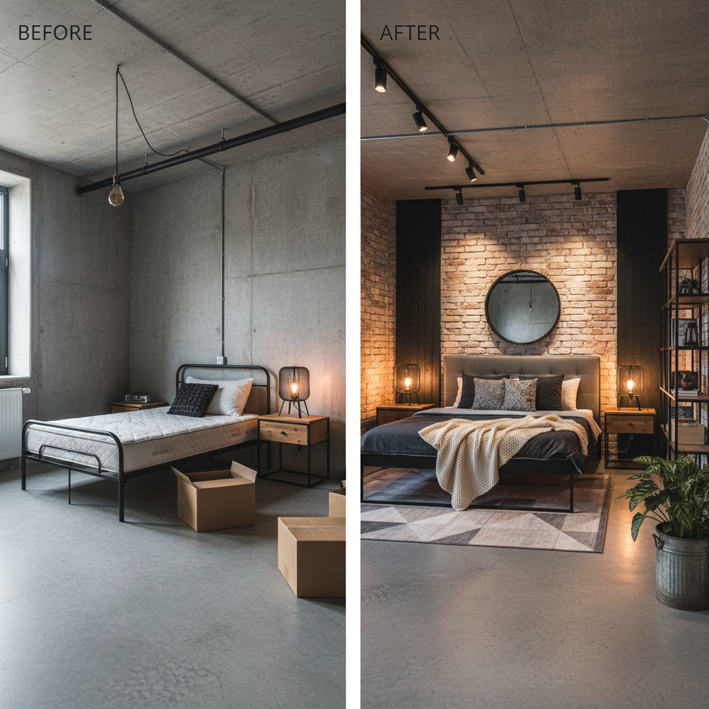 A before and after comparison of an industrial bedroom design using AI.