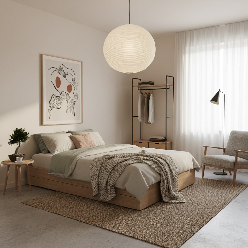 Example of a Japandi guest bedroom design